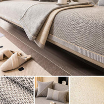 Light gray contrast-trim woven faux linen couch cover shown on a sofa