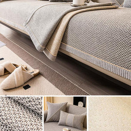 Light gray contrast-trim woven faux linen couch cover shown on a sofa