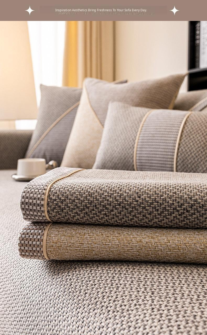 Contrast-Trim Woven Faux Linen Couch Cover close-up of the textured basket weave