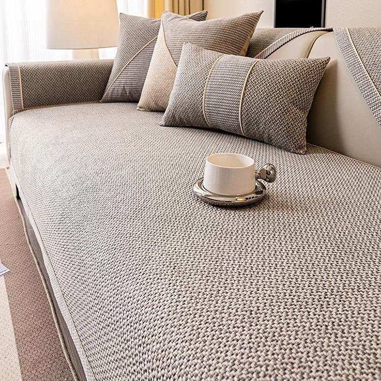 Contrast-Trim Woven Faux Linen Couch Cover layered color options for sectional styling