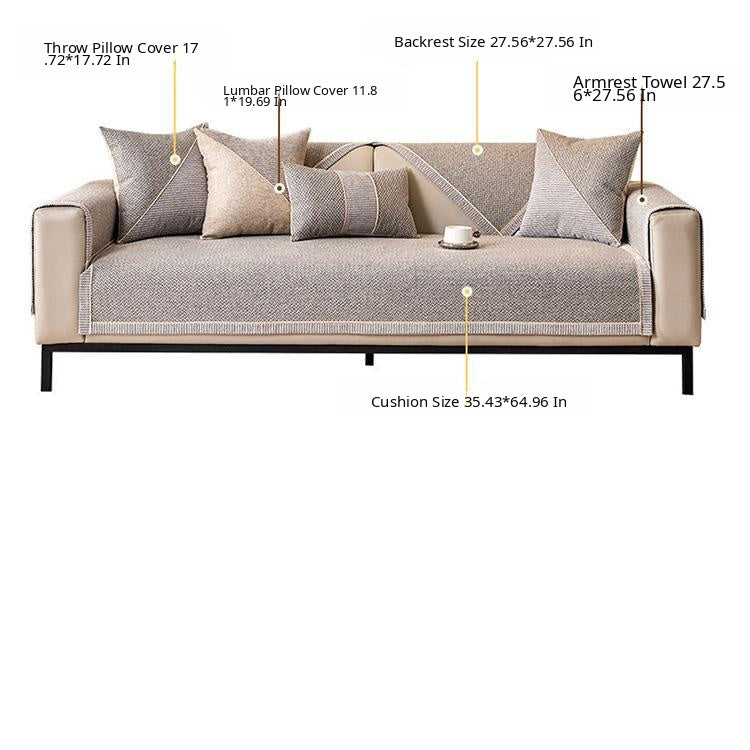 Contrast-Trim Woven Faux Linen Couch Cover mix-and-match panels across seat and backrest