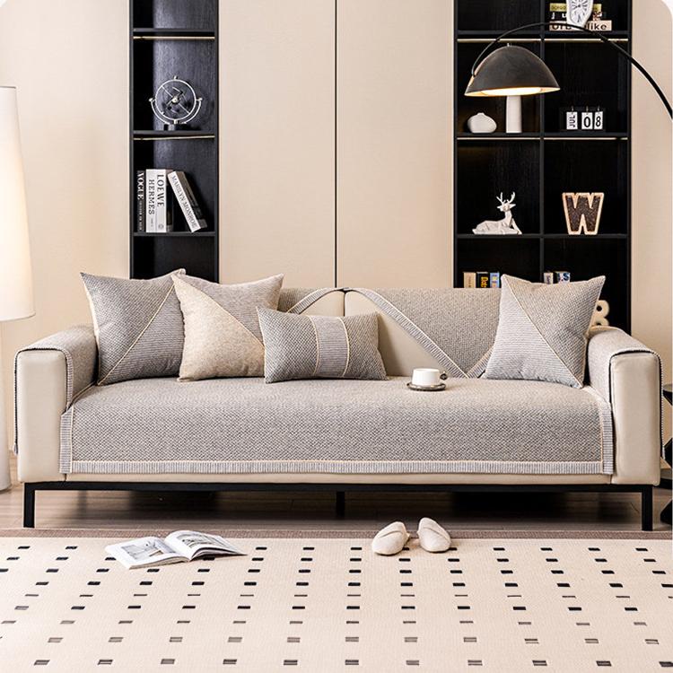Contrast-Trim Woven Faux Linen Couch Cover modern sofa styling with complementary cushions