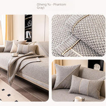 Contrast-Trim Woven Faux Linen Couch Cover soft structured drape over a sofa seat
