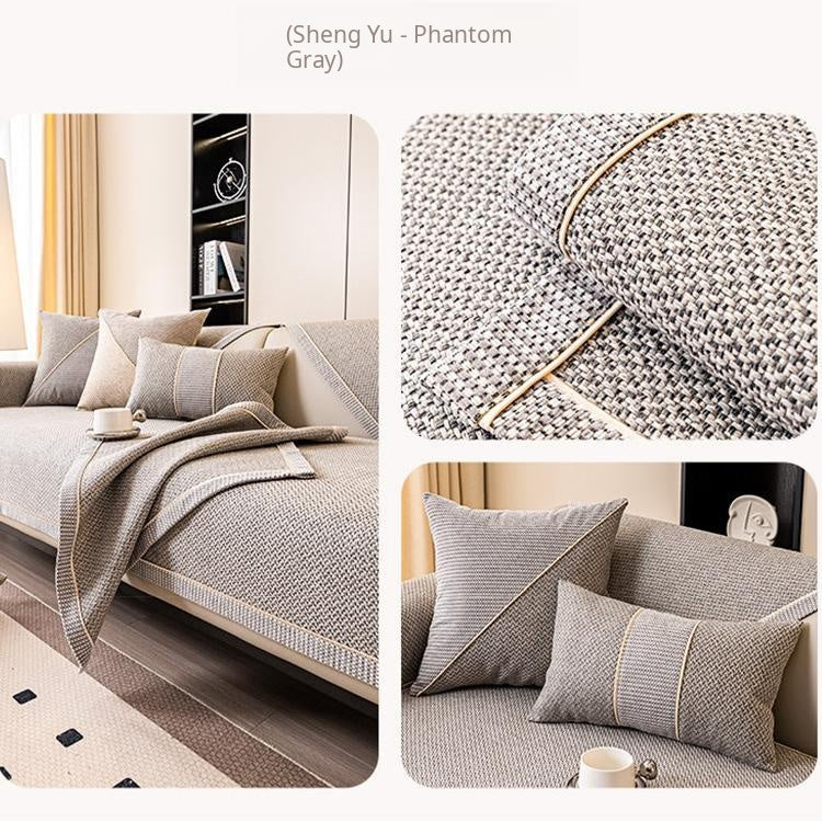 Contrast-Trim Woven Faux Linen Couch Cover soft structured drape over a sofa seat