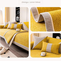 Contrast-Trim Woven Faux Linen Couch Cover close-up of the textured basket weave