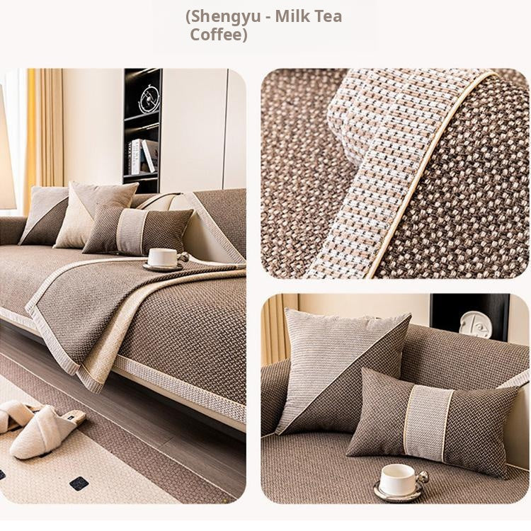 Contrast-Trim Woven Faux Linen Couch Cover non-slip dotted backing detail