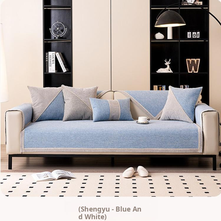Contrast-Trim Woven Faux Linen Couch Cover layered color options for sectional styling