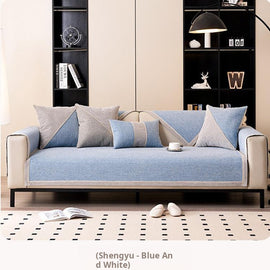 Contrast-Trim Woven Faux Linen Couch Cover layered color options for sectional styling