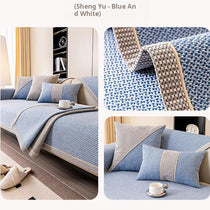 Contrast-Trim Woven Faux Linen Couch Cover coordinated cushion and sofa panel arrangement
