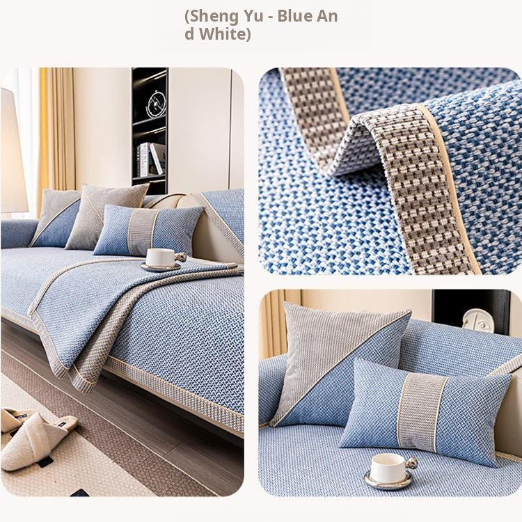 Contrast-Trim Woven Faux Linen Couch Cover coordinated cushion and sofa panel arrangement