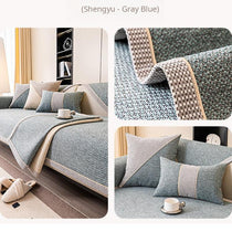 Contrast-Trim Woven Faux Linen Couch Cover full sofa view in a neutral interior