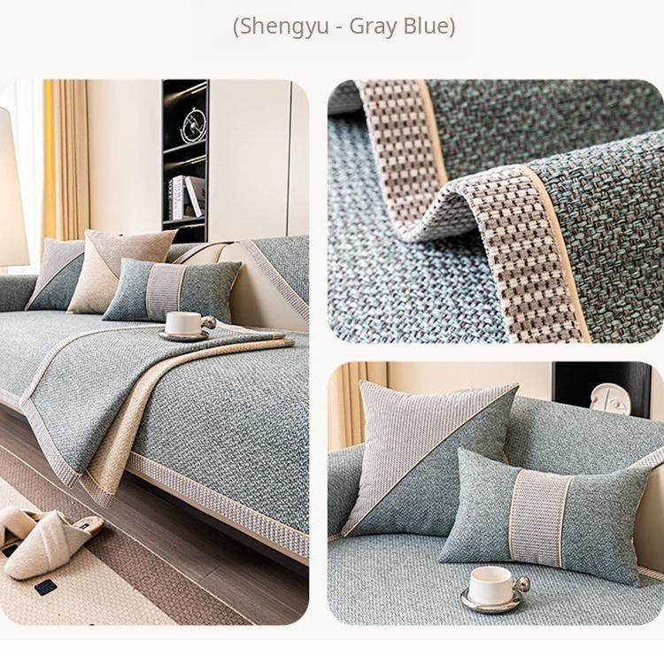 Contrast-Trim Woven Faux Linen Couch Cover full sofa view in a neutral interior
