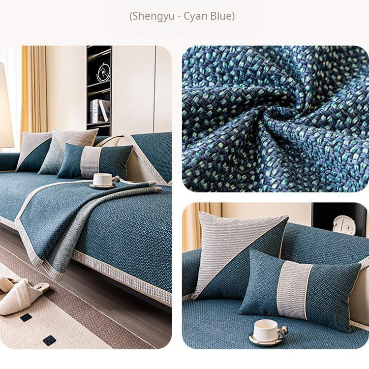 Contrast-Trim Woven Faux Linen Couch Cover mix-and-match panels across seat and backrest