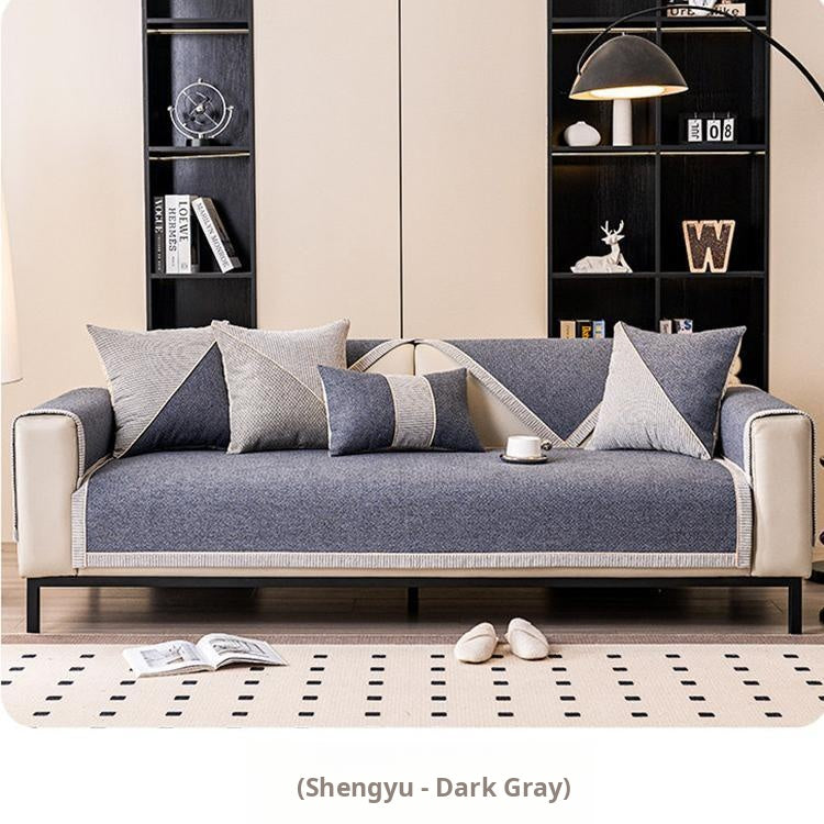 Contrast-Trim Woven Faux Linen Couch Cover modern sofa styling with complementary cushions