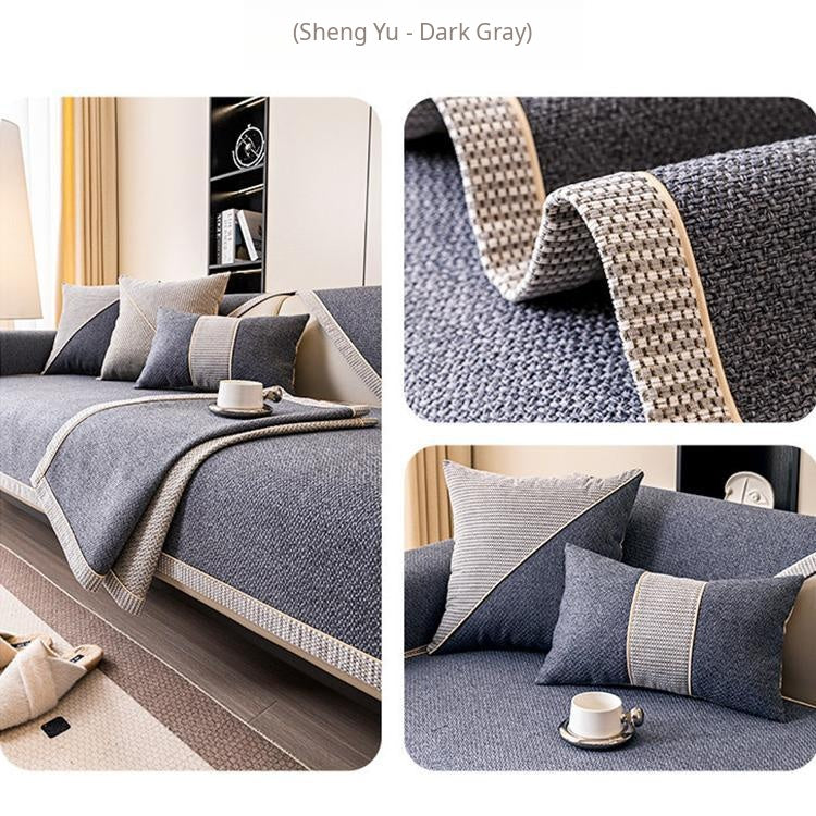 Contrast-Trim Woven Faux Linen Couch Cover soft structured drape over a sofa seat
