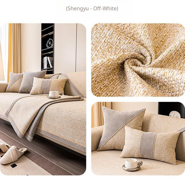 Contrast-Trim Woven Faux Linen Couch Cover close-up of the textured basket weave