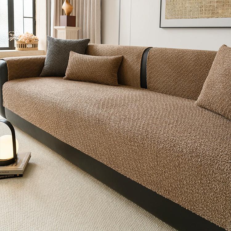 Coffee boucle-style chenille modular couch cover shown on a sofa