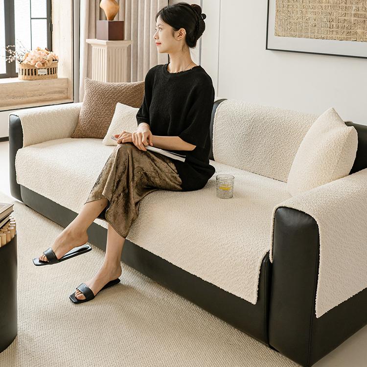 Cloud-Bouclé Chenille Modular Couch Cover styled on a contemporary sofa