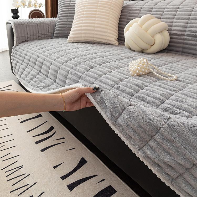Plush Ribbed Fleece Couch Cover detail showing full-sofa styling