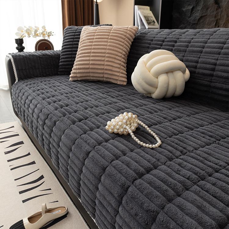 Plush Ribbed Fleece Couch Cover detail showing coordinating cushion styling