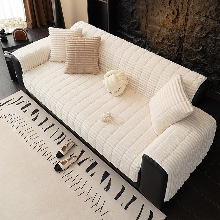 Plush Ribbed Fleece Couch Cover detail showing coordinating cushion styling