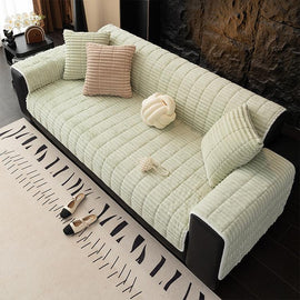 Plush Ribbed Fleece Couch Cover detail showing full-sofa styling