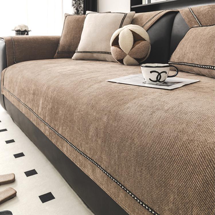 Contrast-Trim Chenille Anti-Slip Couch Cover - gsft-9007 Secondary image