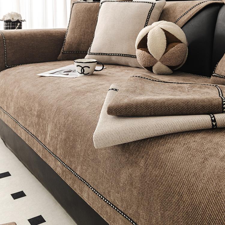Contrast-Trim Chenille Couch Cover detail showing a seat-and-armrest arrangement
