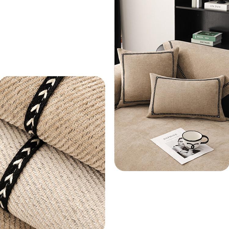 Contrast-Trim Chenille Couch Cover detail showing matching cushion covers