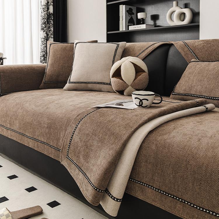Contrast-Trim Chenille Couch Cover styled across a sofa