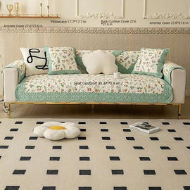 Reversible Patterned Cotton Couch Cover detail showing a coordinated sofa-and-cushion arrangement