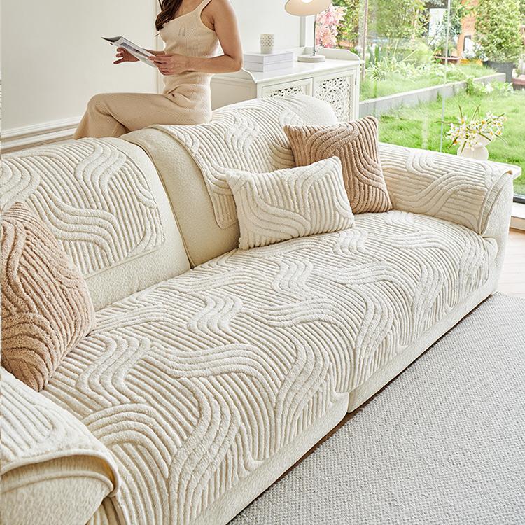 Sculpted Wave Plush Couch Cover detail showing a full-sofa arrangement