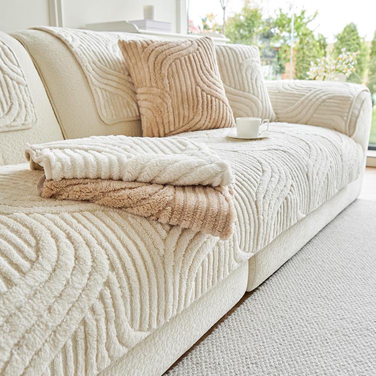 Sculpted Wave Plush Couch Cover detail showing the coordinated neutral palette