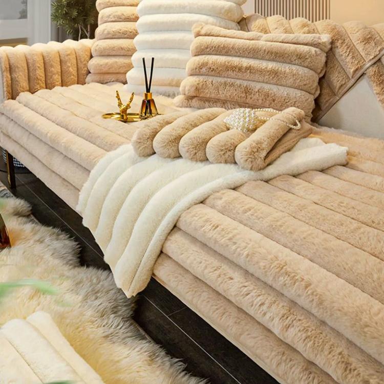 Three-Texture Faux Fur Couch Cover detail showing the raised striped faux fur