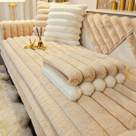 Three-Texture Faux Fur Couch Cover detail showing the thick cushioned pile