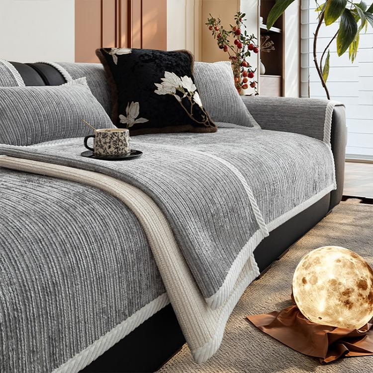 Plush Ribbed Chenille Modular Couch Cover styled on a sofa Main image