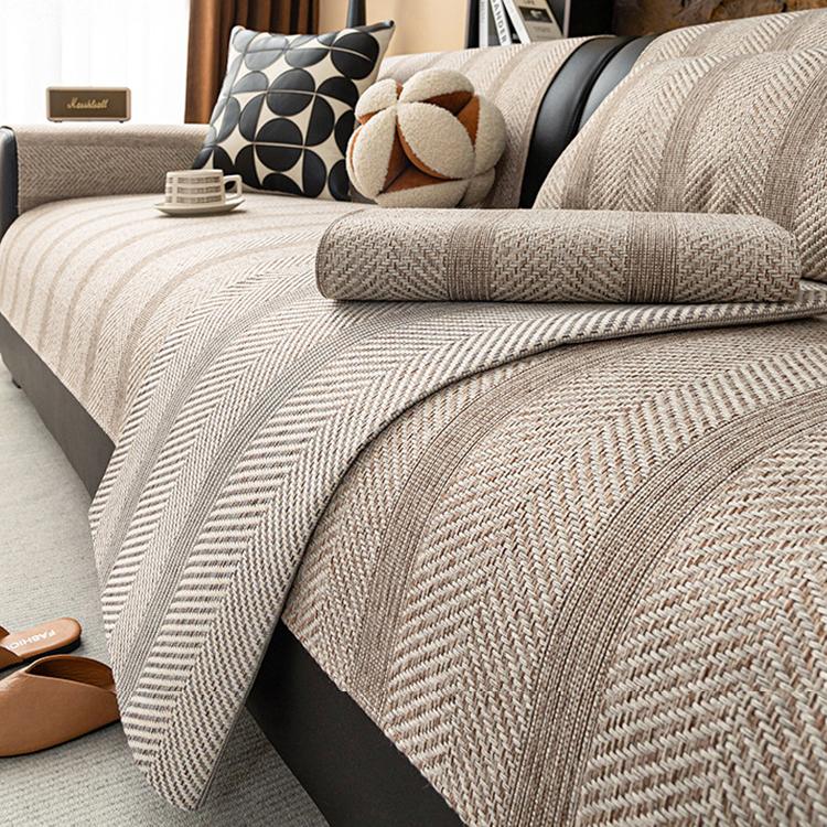 Layered faux linen couch cover sections