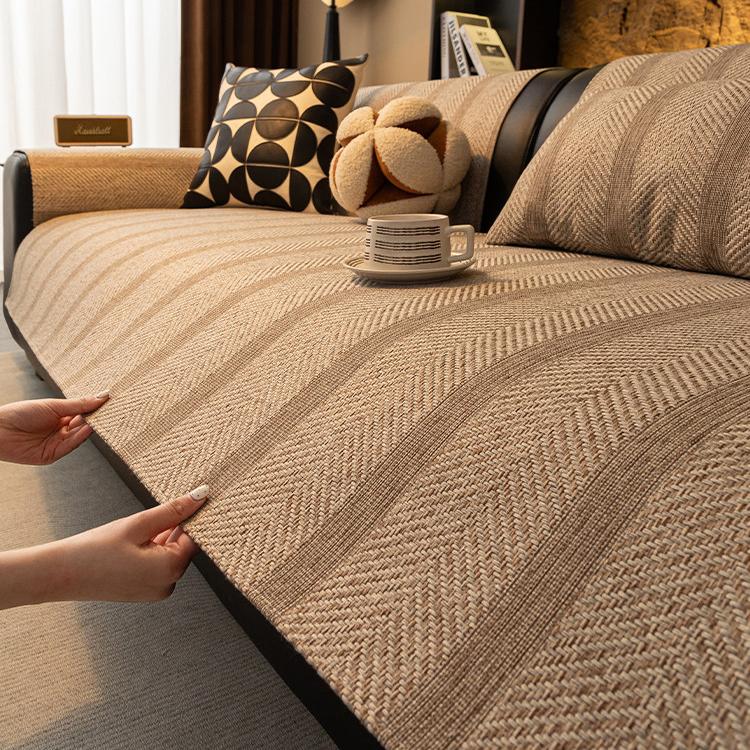 Textured Herringbone Faux Linen Couch Cover styled on a sofa