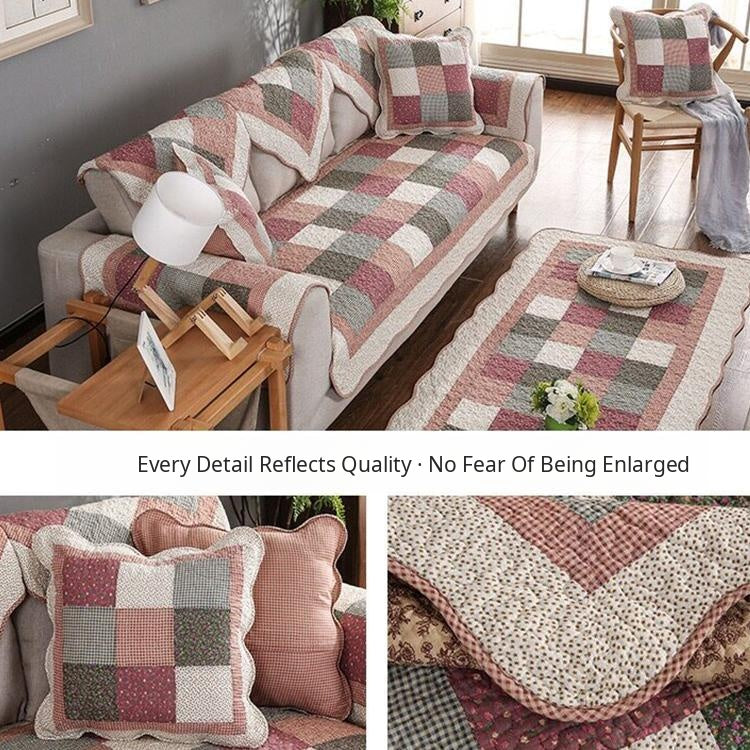 Rose patchwork cover styled across a sofa