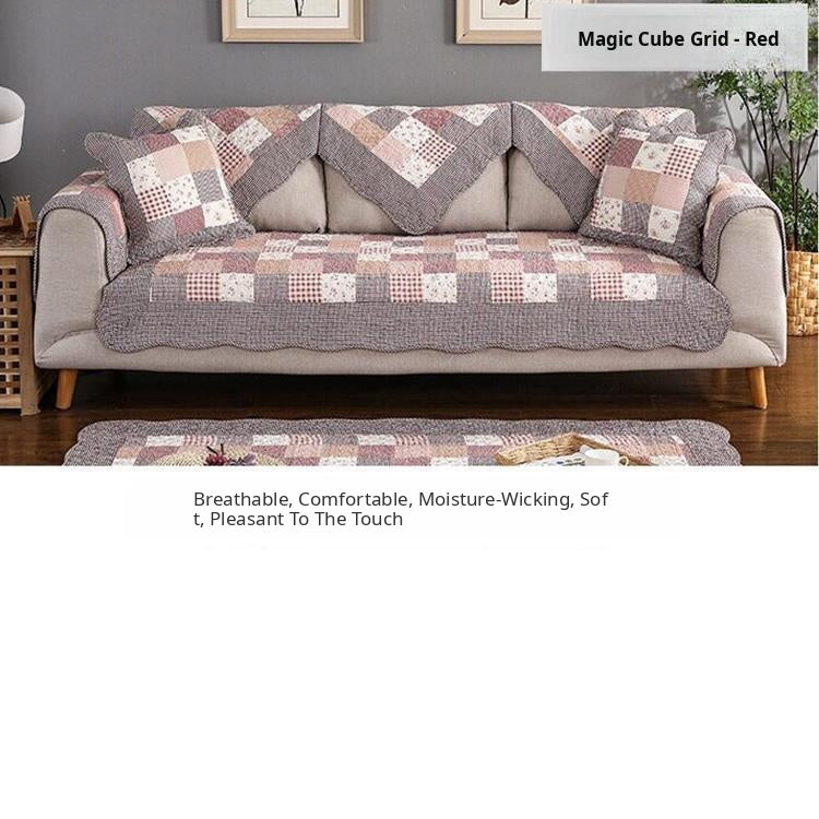Red-gray patchwork color and fabric details
