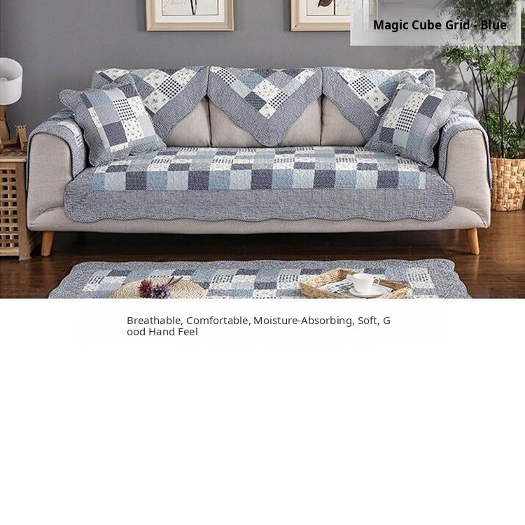 Blue-gray patchwork couch cover