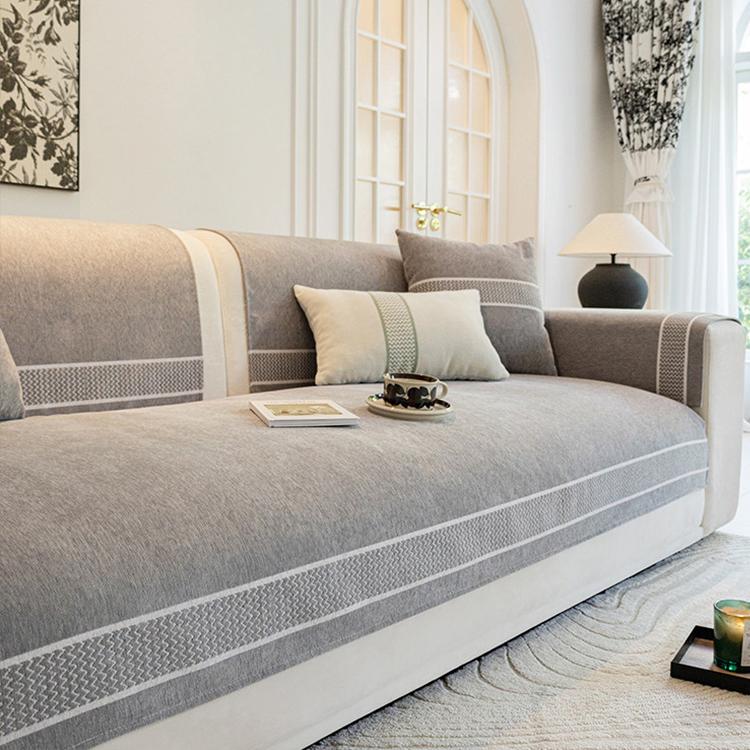 Gray chenille cover styled with cushions
