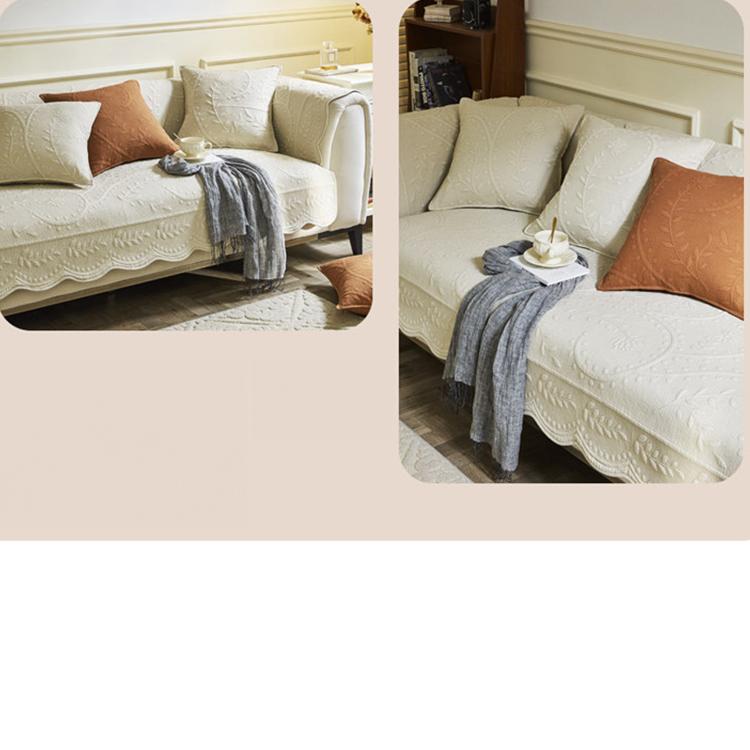 Scalloped couch cover edge and quilted leaf motif