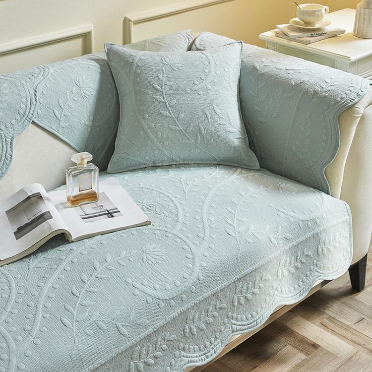 Light blue option for the scalloped botanical cotton couch cover