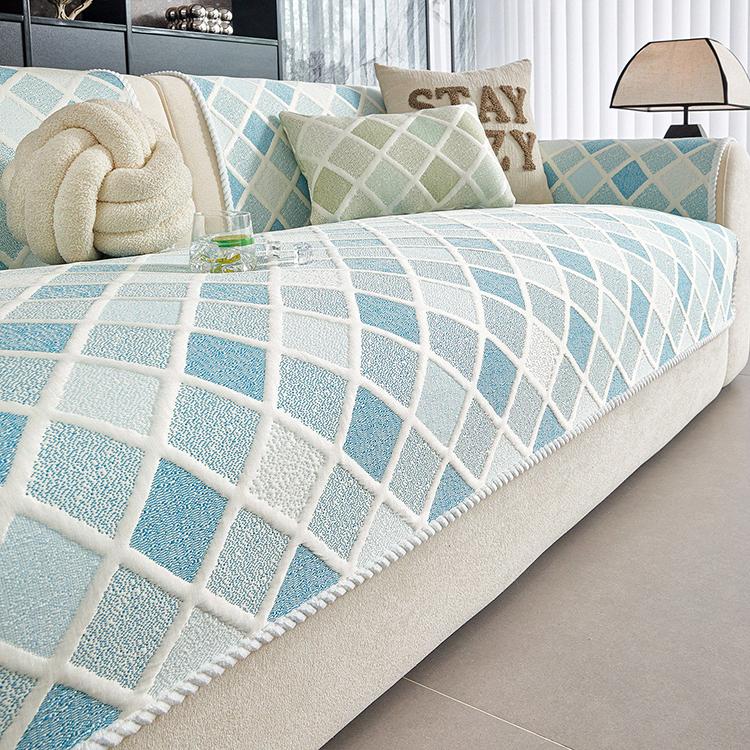 Plaid Ice Silk Modular Sofa Cover for Pets - Blue