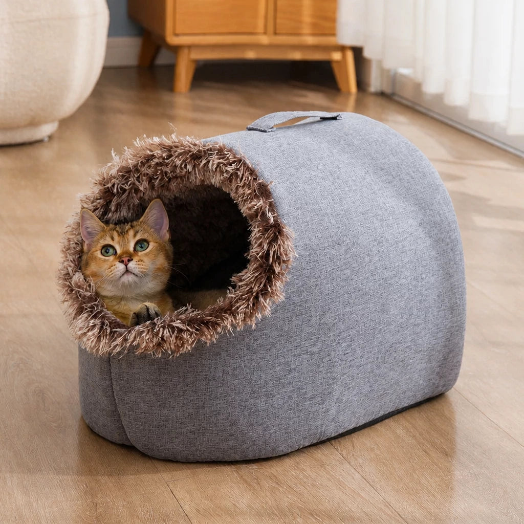 Enclosed Plush Pet Bed with Carry Handle for Cats and Small Dogs