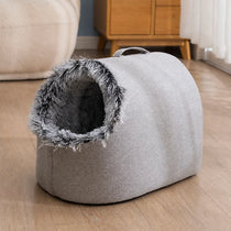 Enclosed Plush Pet Bed with Carry Handle for Cats and Small Dogs