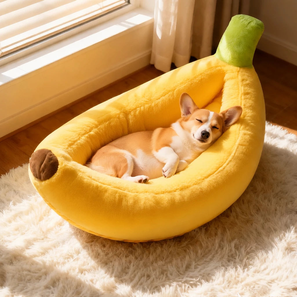 Banana-Shaped Velvet Pet Bed for Small Dogs and Cats