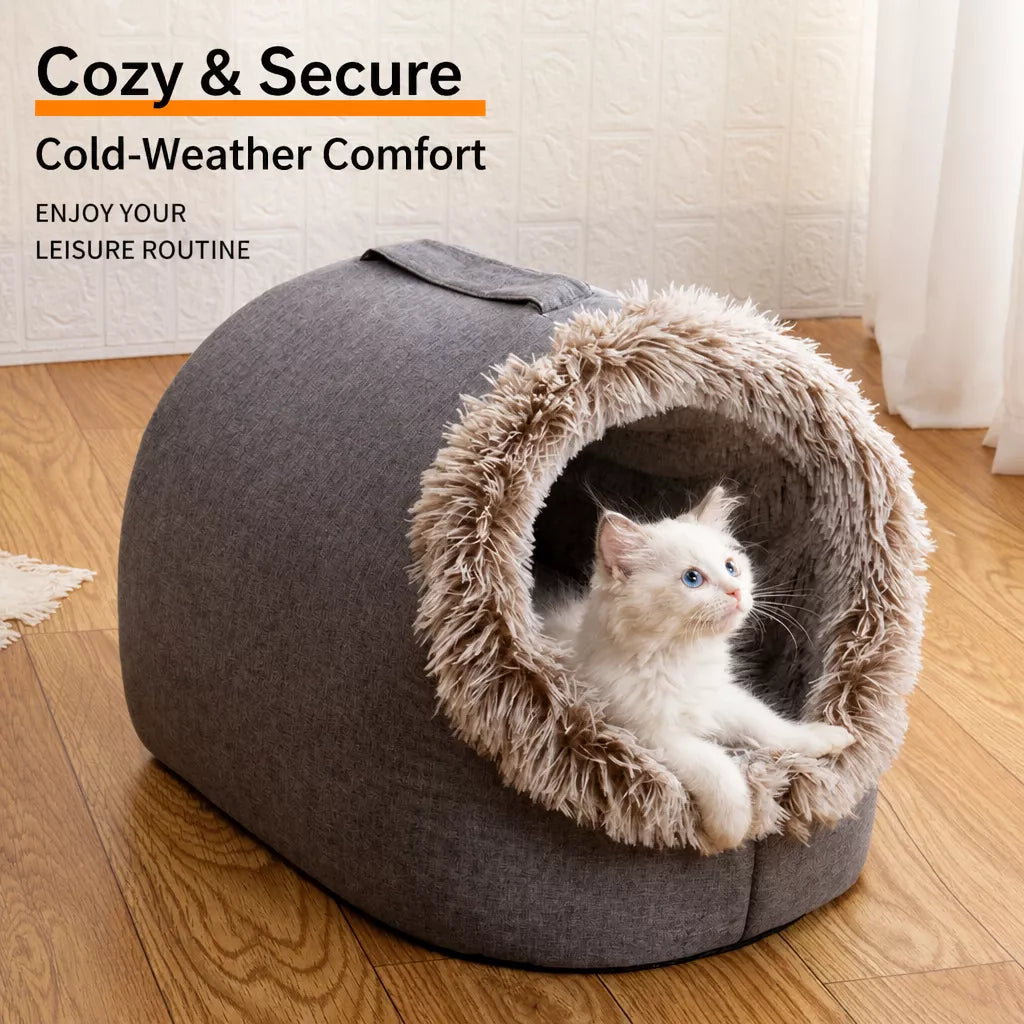 Enclosed Plush Pet Bed with Carry Handle for Cats and Small Dogs Main image