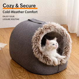 Enclosed Plush Pet Bed with Carry Handle for Cats and Small Dogs